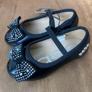 BEBE GIRLS BLACK BALLET SHOES FLATS BOW RHINESTONES 5 NEW